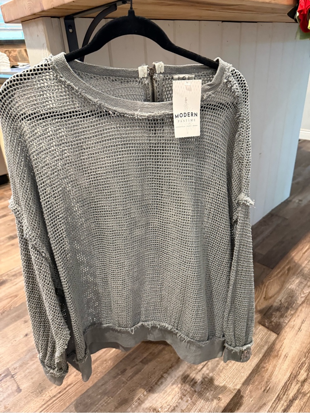 POL Open-Knit Pullover Sweater in Light Gray